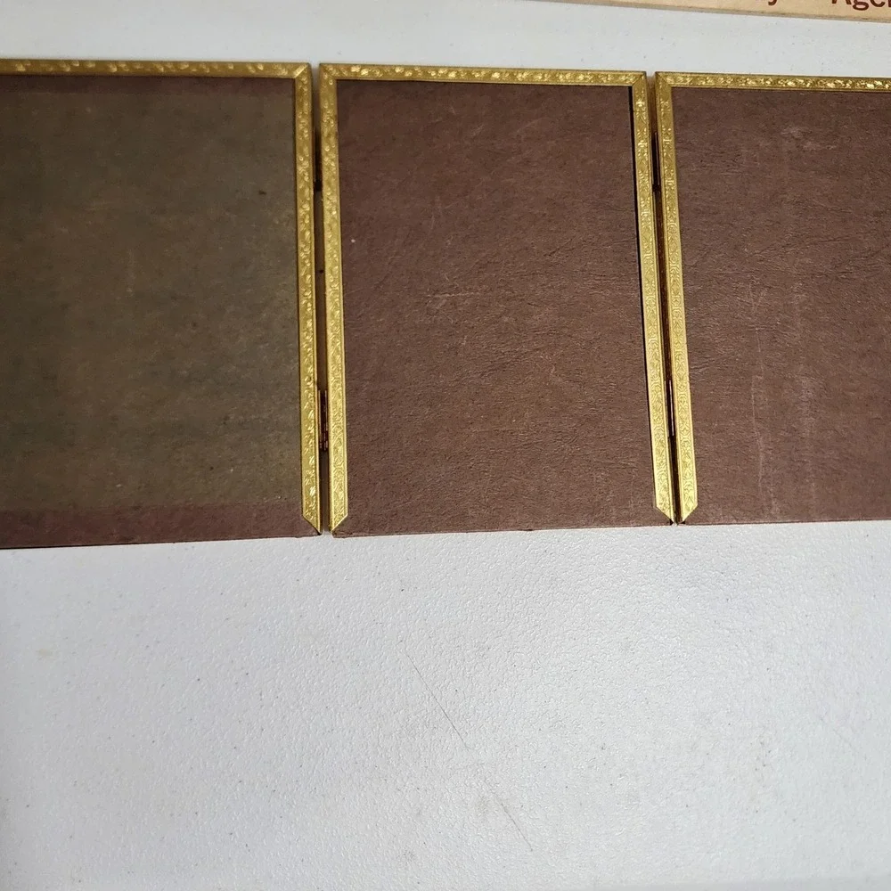 Vintage Gold Metal Triple Folding Picture Frame Triptych Embossed 5x7 Hinged